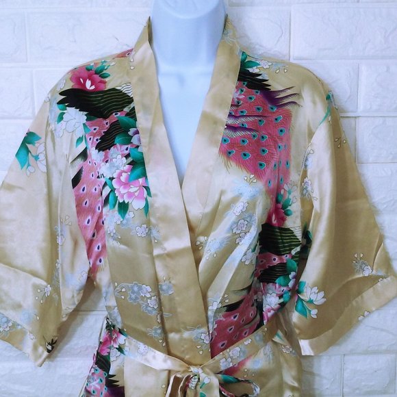 Peacocks Kimono Robe Dressing Gown -L Tie-Belts Poly-Satin Champagne Pink Flaw - Picture 4 of 10
